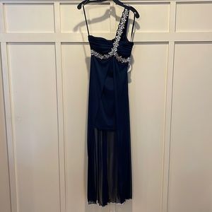 Deb | Navy One-Shoulder High-Low Dress with Large Gemstone Accents